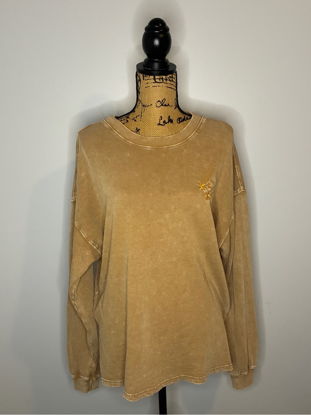 Easel Mineral Washed Mustard Lightweight Embroidered Sweatshirt Oversized Small